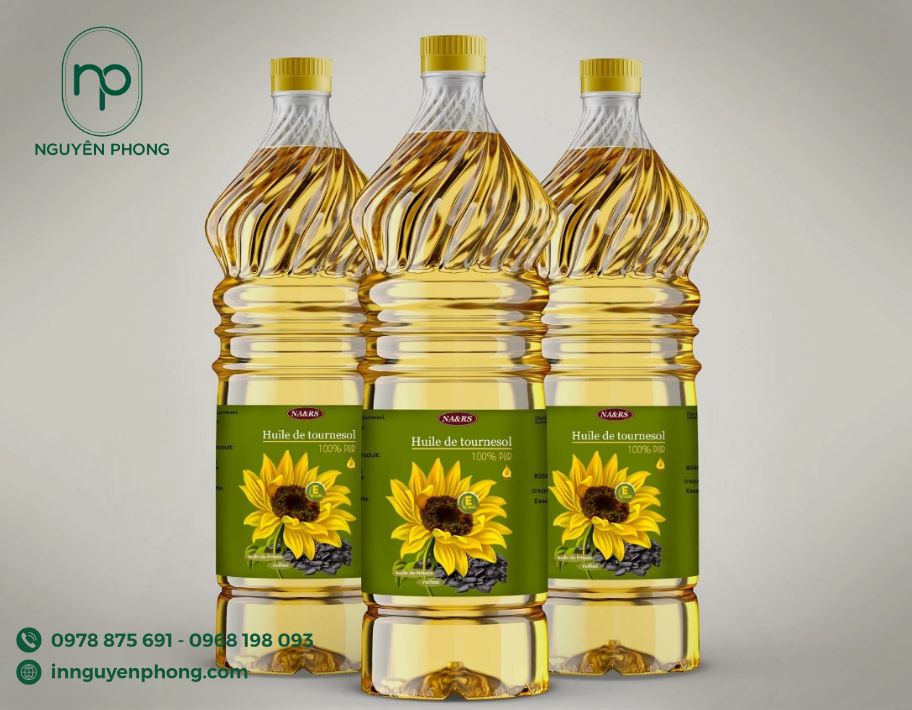 Mẫu tem nhãn hạt hướng dương dán chai dầu ăn